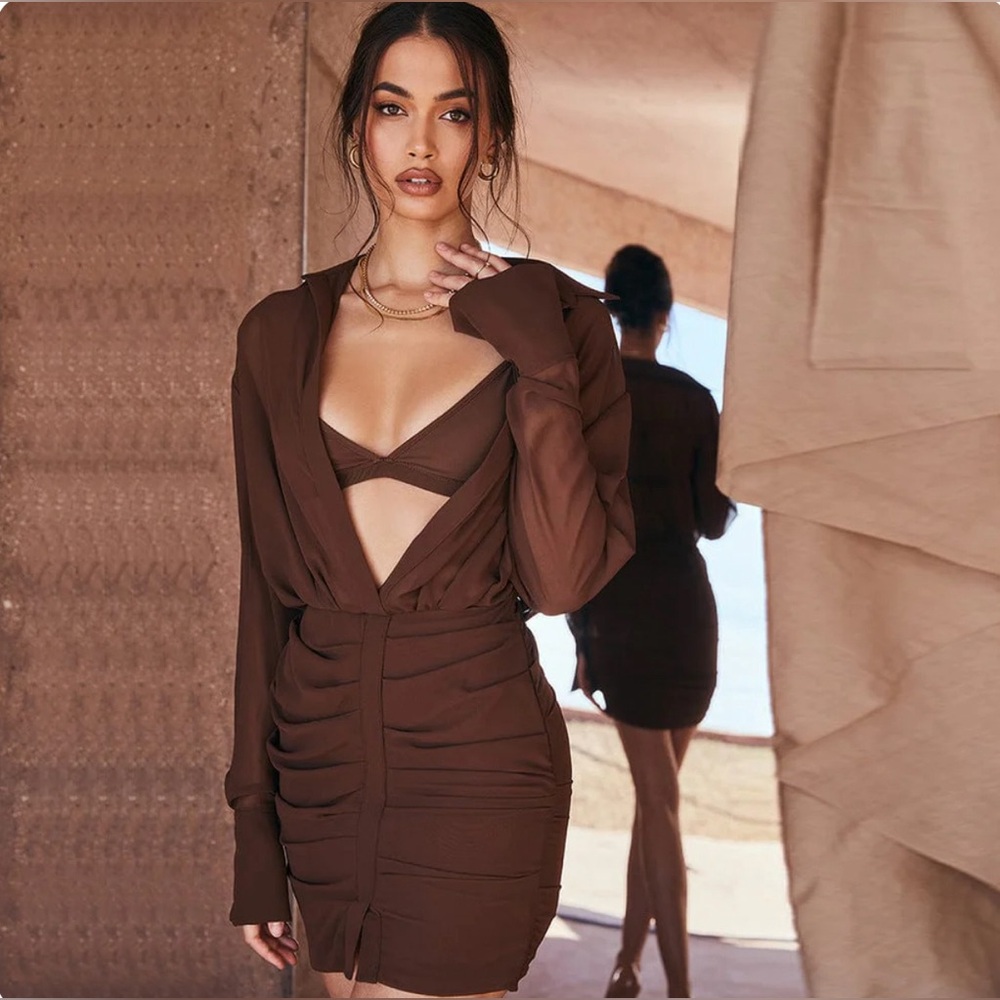 CHOCOLATE CHIFFON SHIRT DRESS AND BRALETTE XS